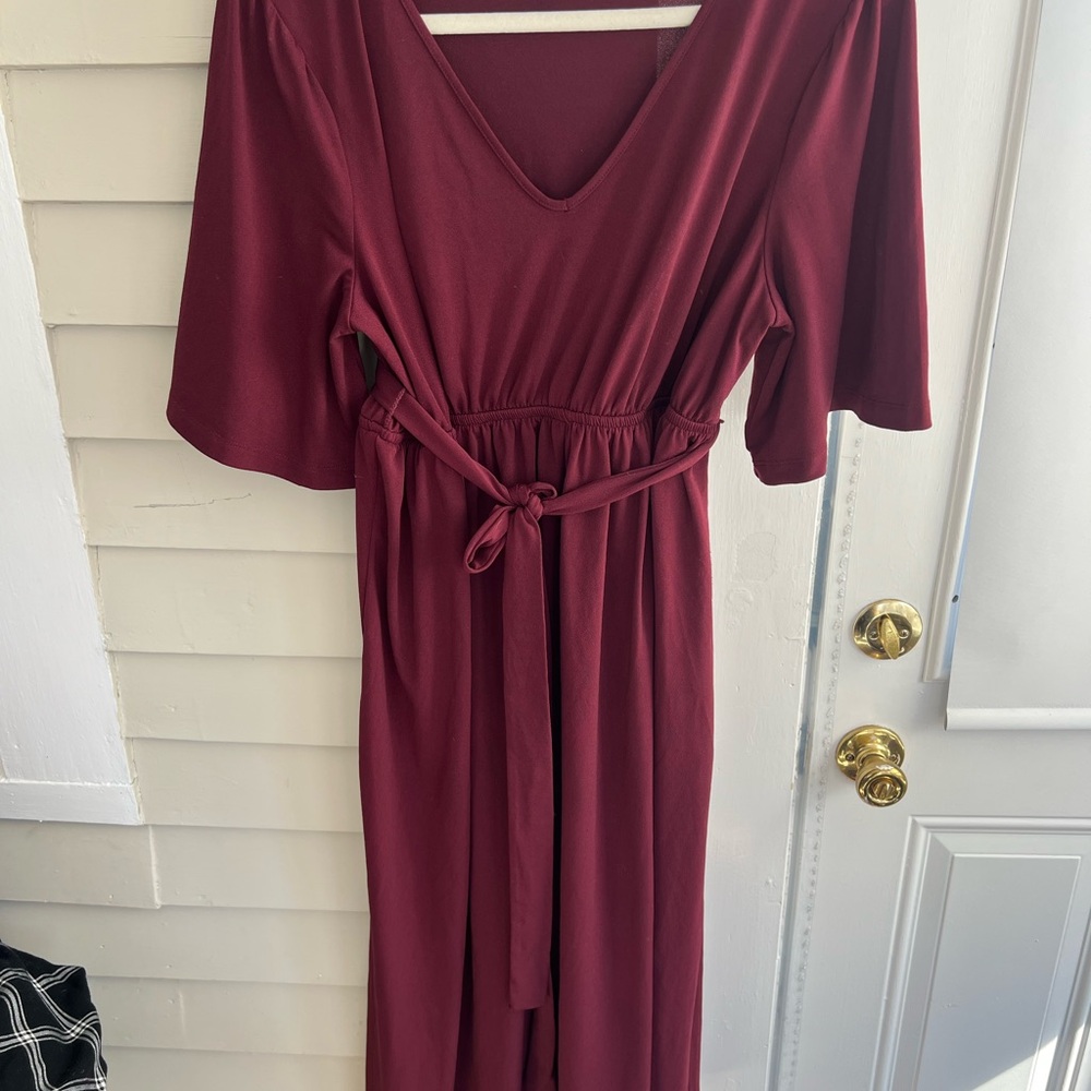 Burgundy flowy midi maternity wrap dress